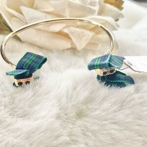New with tags SCOTTISH CHEER CUFF BRACELET GOLD w/GREEN PLAID BOWS and Stones.